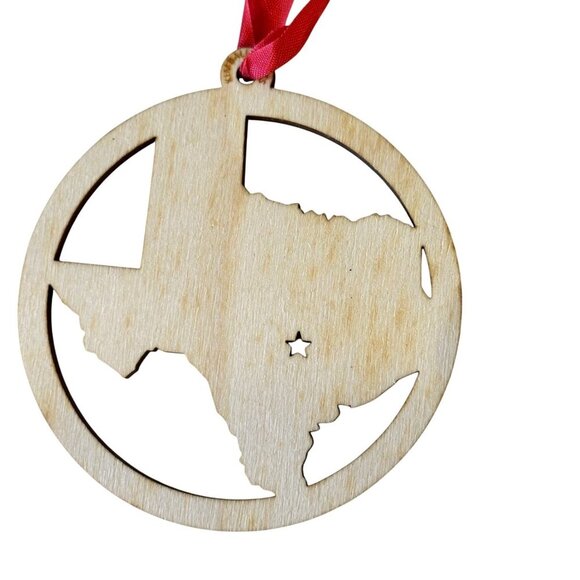 Kimball Prints Texas State Wood Ornament Laser Cut Decor Red Ribbon Holiday - Picture 1 of 6